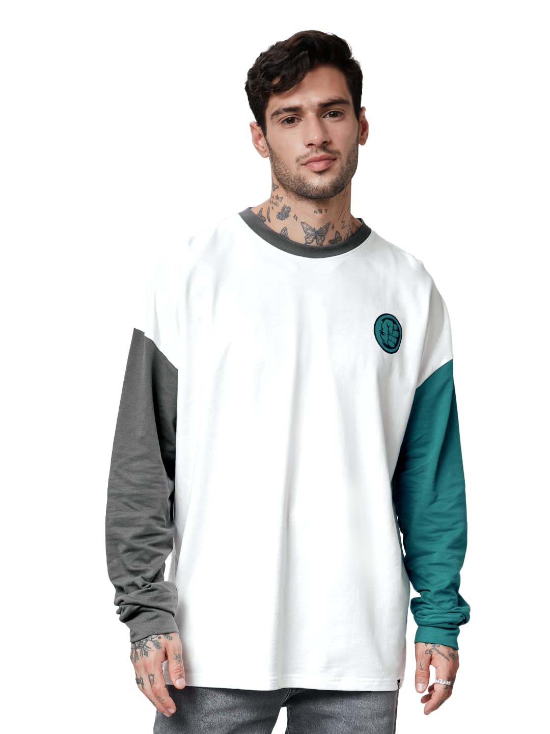 The Souled Store| Official Marvel: The Incredible Hulk Mens and Boys T-Shirts| Loose fit Graphic Printed| Full Sleeve| 80% Cotton 20% Polyester White & Green Color Men Oversized Full Sleeve T-Shirts