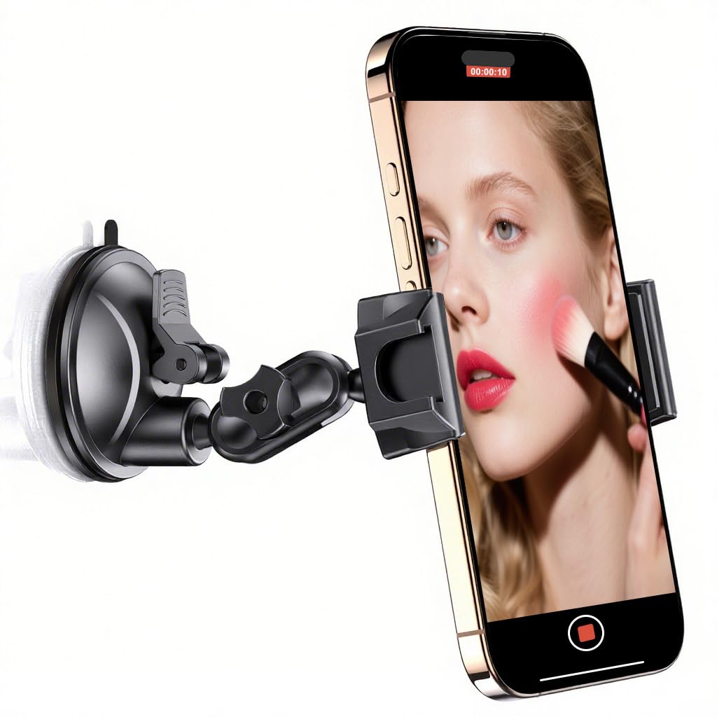 Universal Phone Holder with Suction Cup, Washable and Reusable Wall Mount for Mirror Glass Tiles Portable 360° Rotation for iPhone Samsung All Smartphones