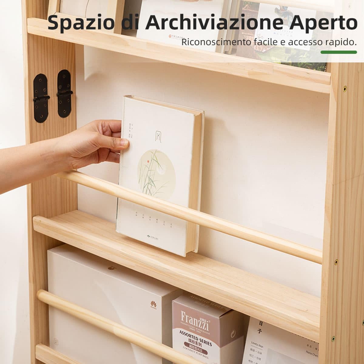 Libreria in Legno Massello con 5 Ripiani, Salvaspazio | Scaffale Porta Libri Verticale Slim con Barra Anticaduta| Profondità 10 cm per Cameretta e Soggiorno
