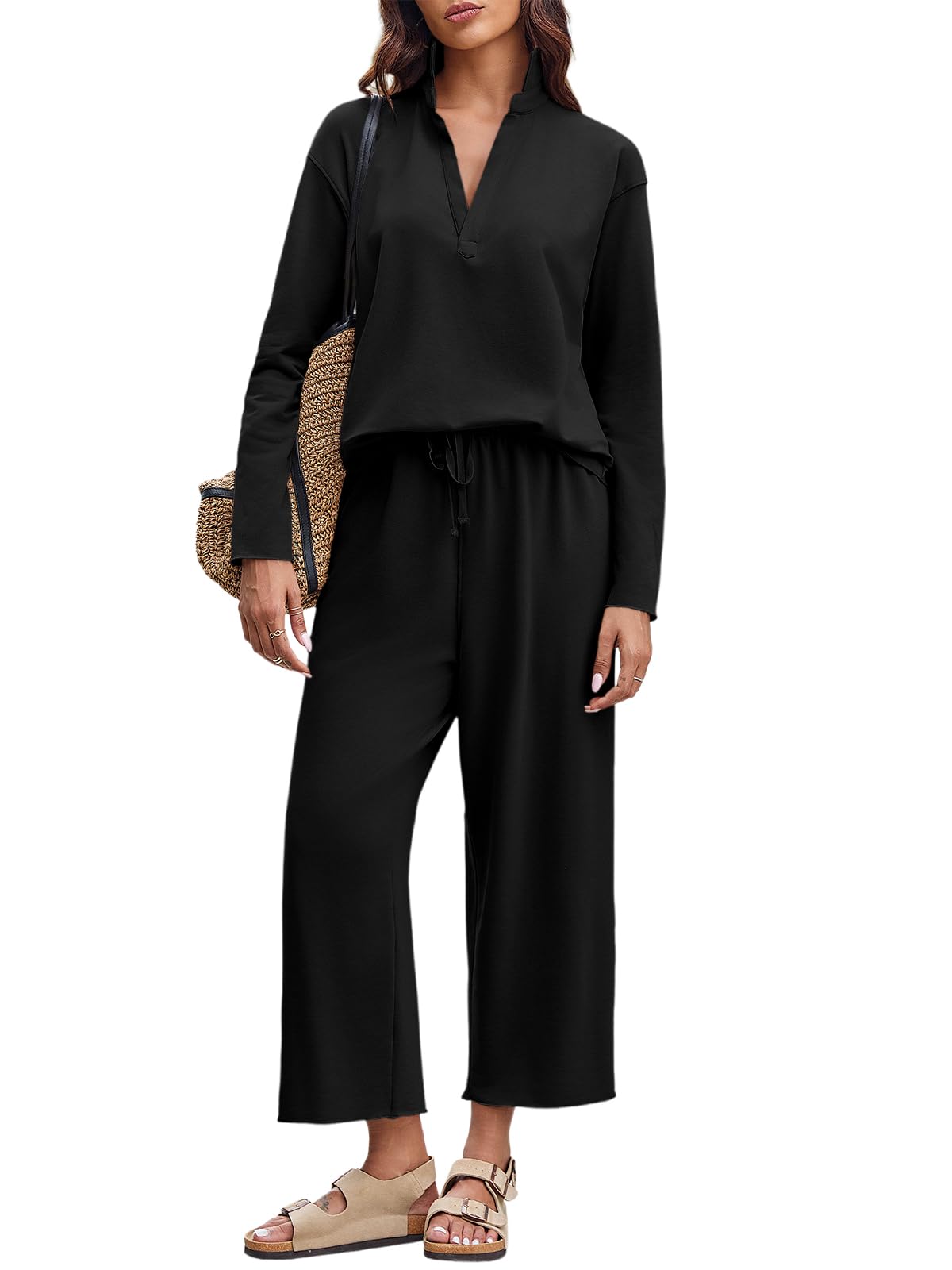 Imily Bela Womens 2 Piece Outfits Sweatsuit Long Sleeve Lapel V Neck Shirt and Wide Leg Pants 2025