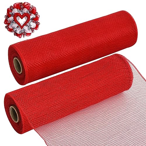 TONIFUL 2 Rolls 10 Inch Red Decorative Mesh Ribbbon Rolls Fabric Mesh for Mesh Wreath Supplies Front Door Wreath Crafts Tree Decor Valentine Christmas Halloween Decoration (10 yds/roll)