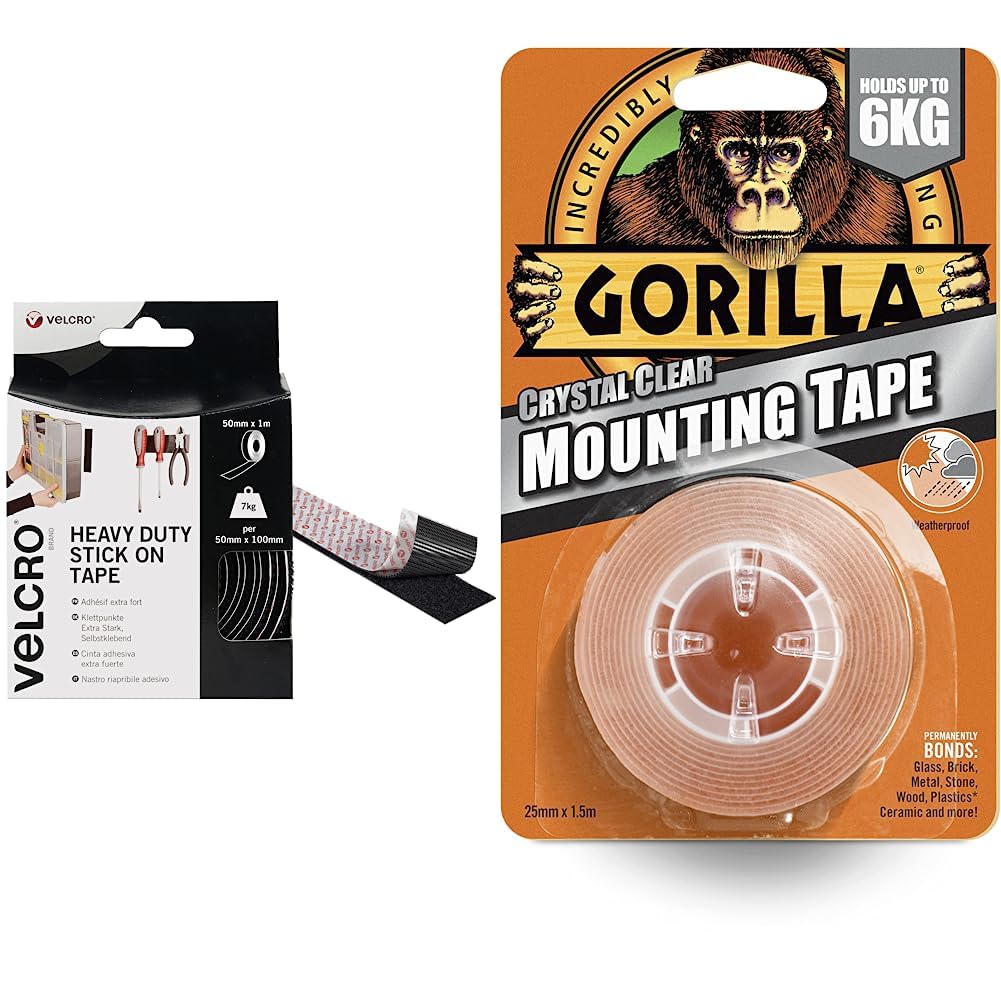 VELCRO Brand Heavy Duty Stick On Tape Cut-to-Length Industrial Extra Strong Double Sided Hook & Gorilla Double Sided Mounting Tape Clear 1.5m, Pack of 1