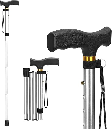 Miniatura 14 de supregear Bastón Plegable, Bastón de Caminar Ligero Ajustable de 5 Niveles con Correa para la Muñeca y Mango en T, Ayuda de Movilidad Portátil para