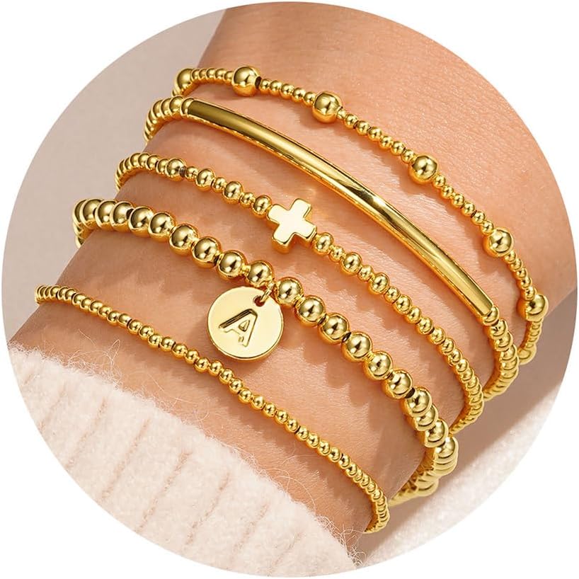 Turandoss Gold Cross Bead Bracelets Sets for Women Girls Jewelry Gifts - Dainty Layered Cross Bracelets Beaded Initial Bracelet Stack Gold Letter A-Z Bracelet Jewelry Gifts for Her
