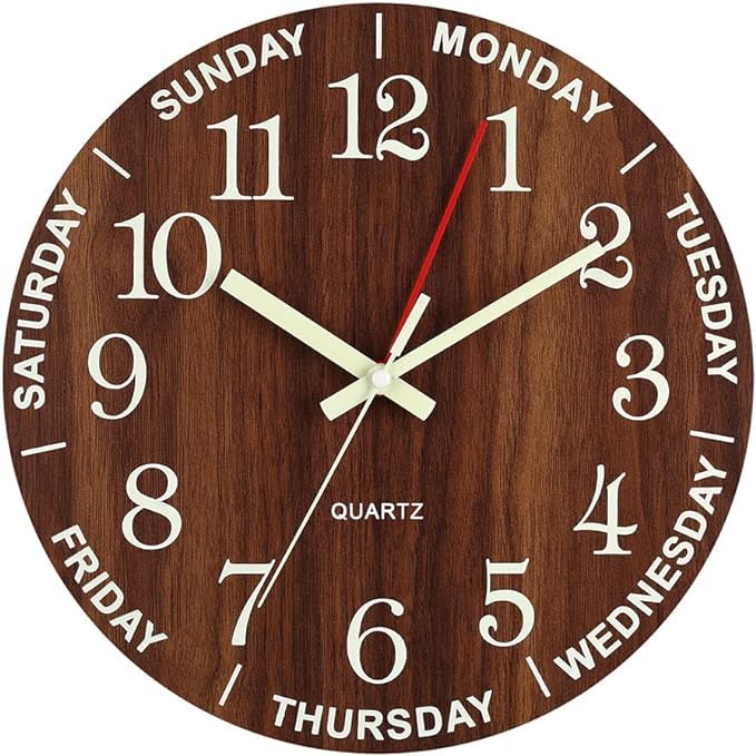 Horloge murale en bois hebdomadaire à aiguilles lumineuses pour la nuit