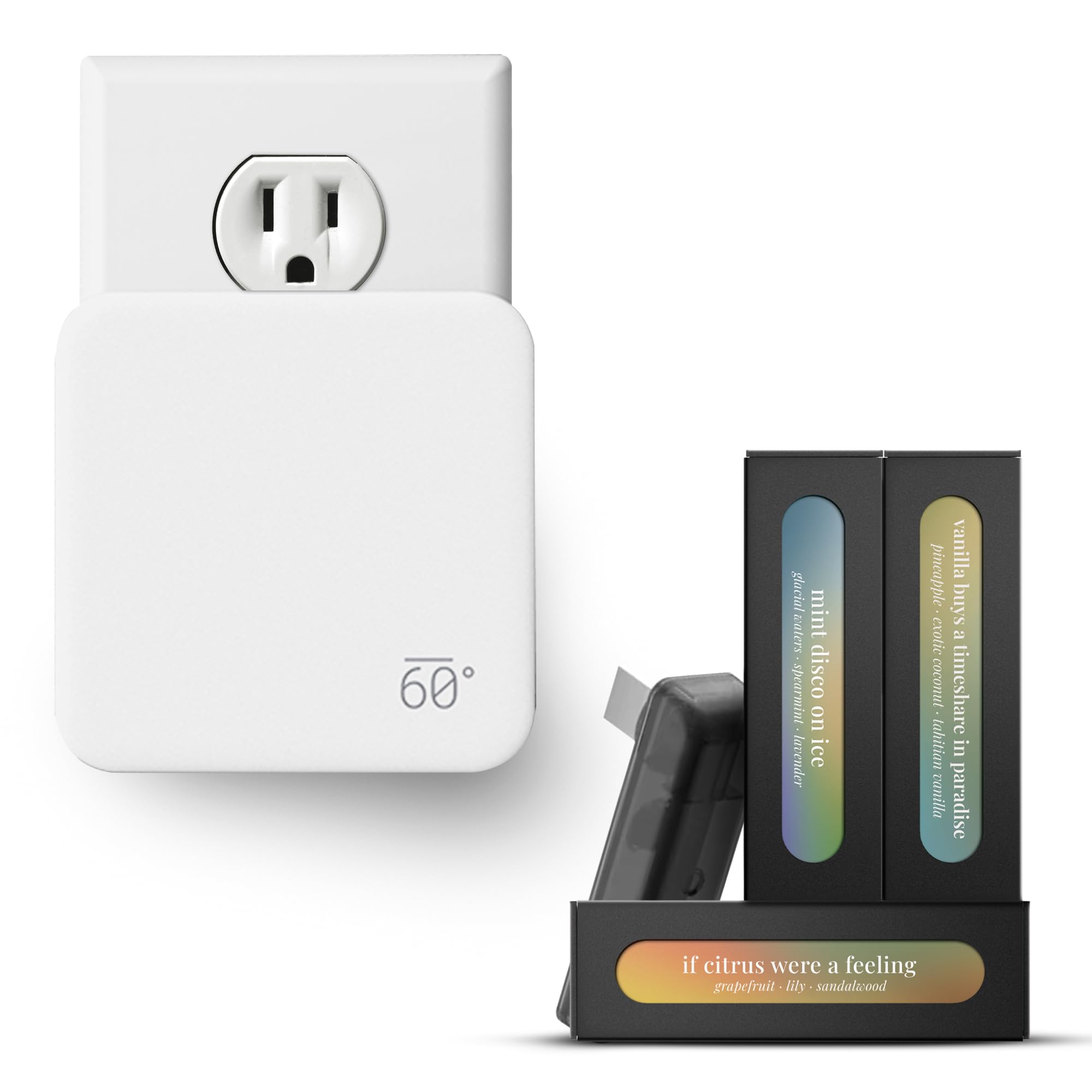 Below 60 Plug-In Essential Oil Fragrance Diffuser | Electric Scent Diffuser with 3 Natural Fragrances | Compact, Stylish Design for Luxurious Home Aroma | Ideal for Living Room, Bathroom, Office