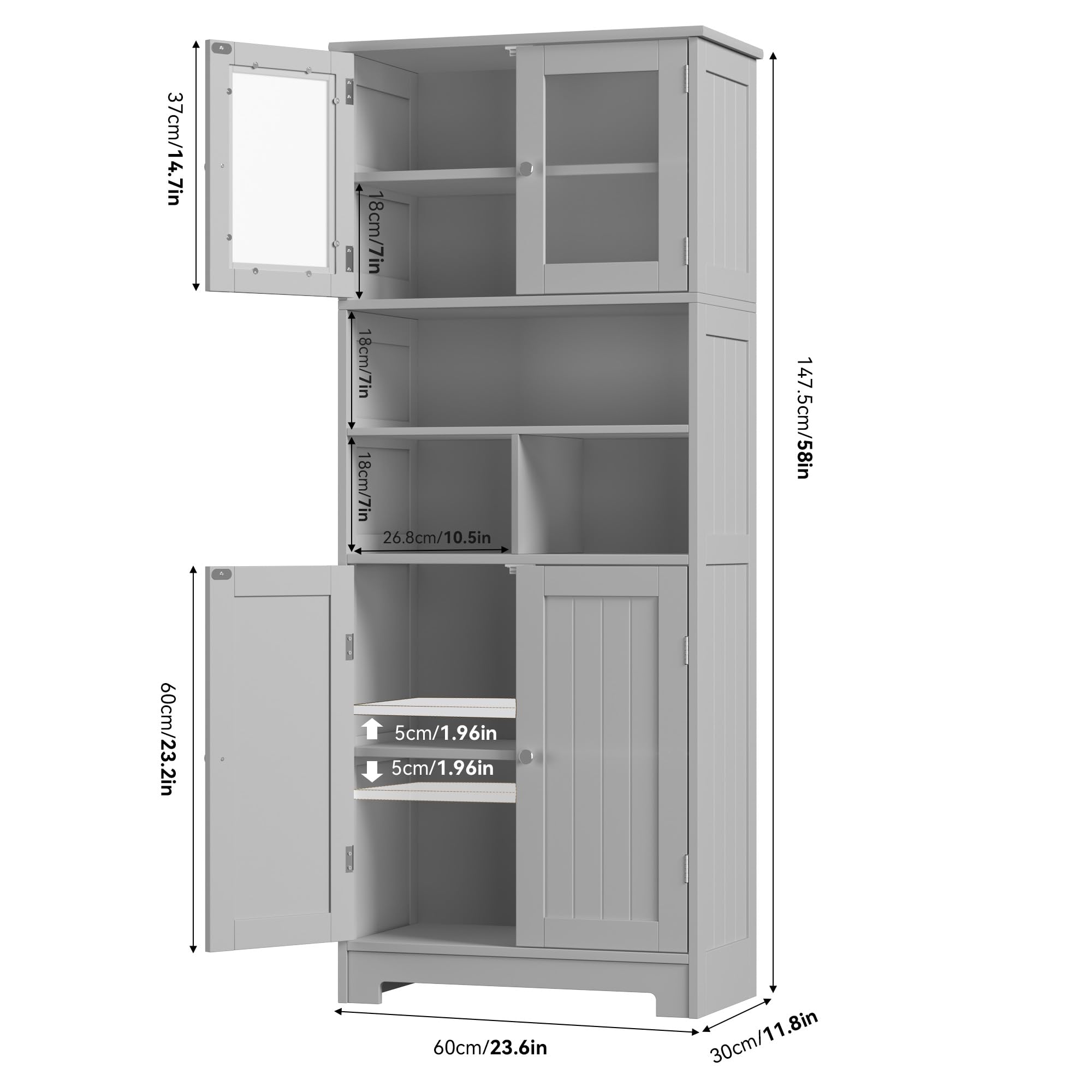 Badkamerzuil met 1 lade en 5 verstelbare planken - grijs - 34 x 24 x 170 cm