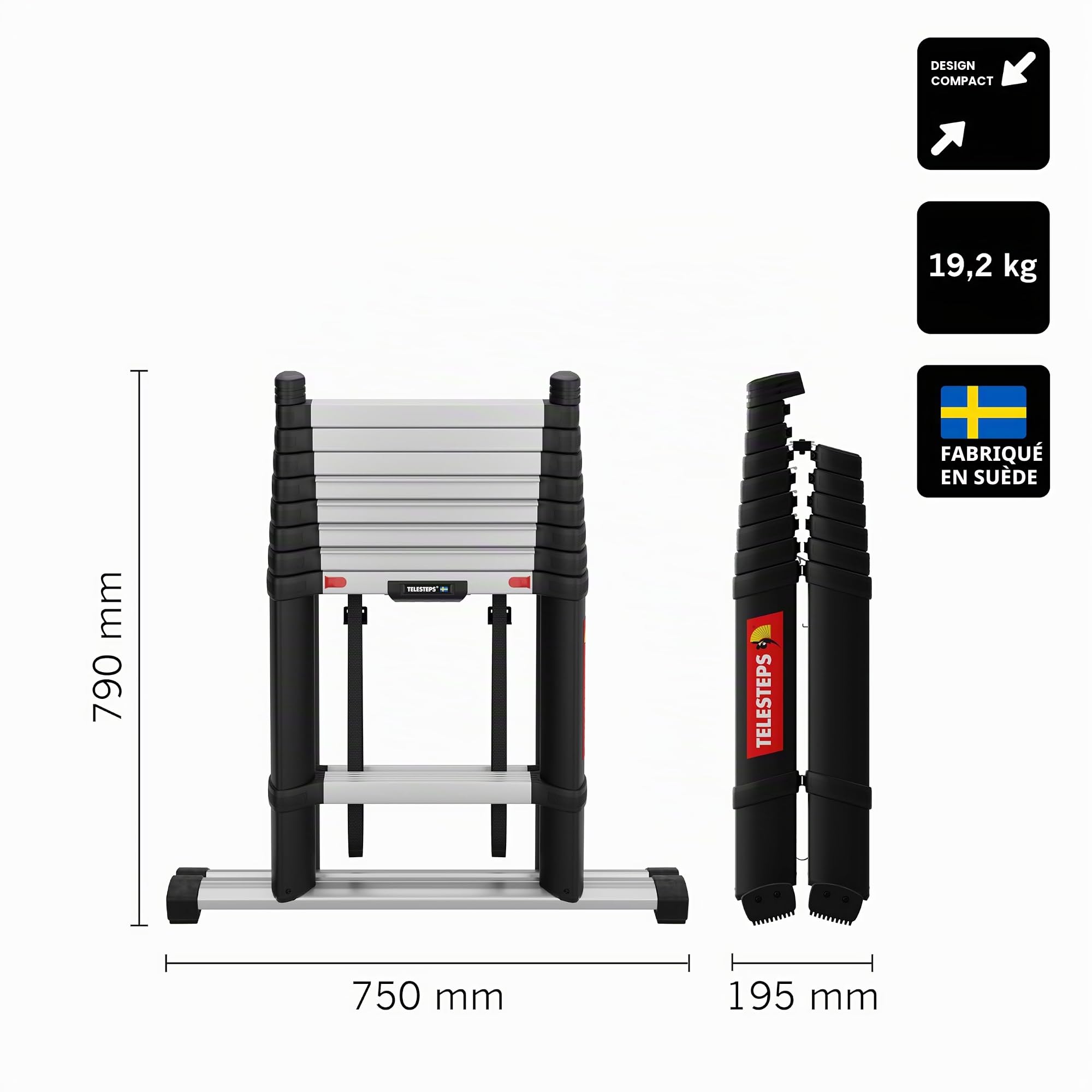 Échelle télescopique 3 m 3 en 1 de TELESTEPS I Made in Sweden I Combi Line I Échelle Double Multifonction au Design Premium breveté I Profilé antidérapant I en 131 I 72430-681