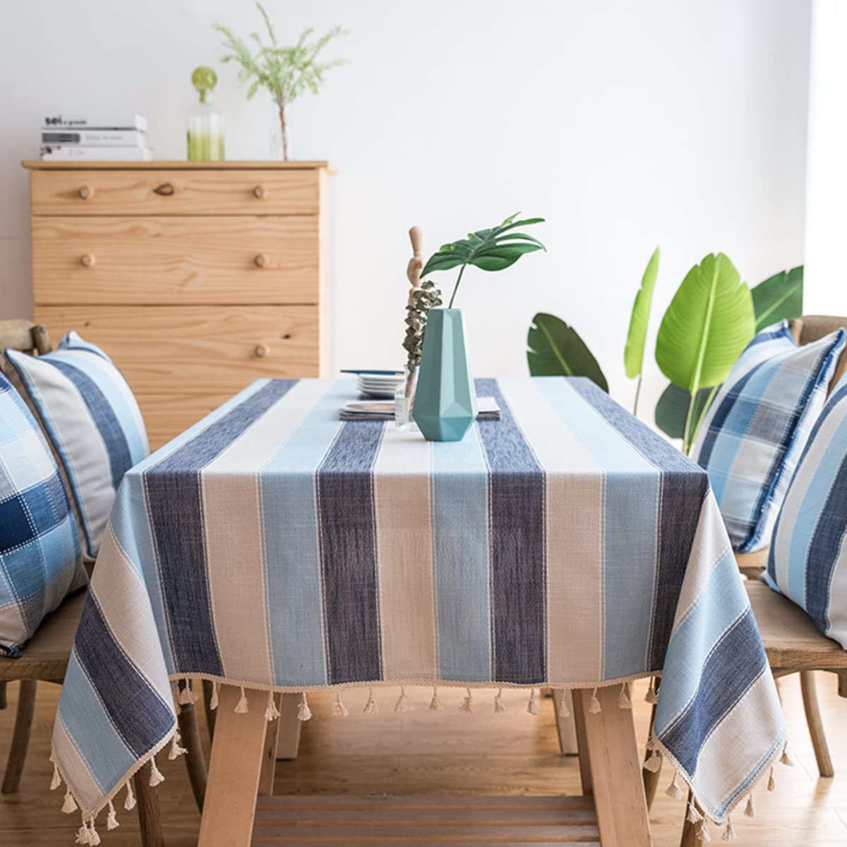 Tovaglia a righe con nappe, rettangolare, in cotone, lino, antipolvere, per cucina, sala da pranzo, giallo, 61 x 61 cm
