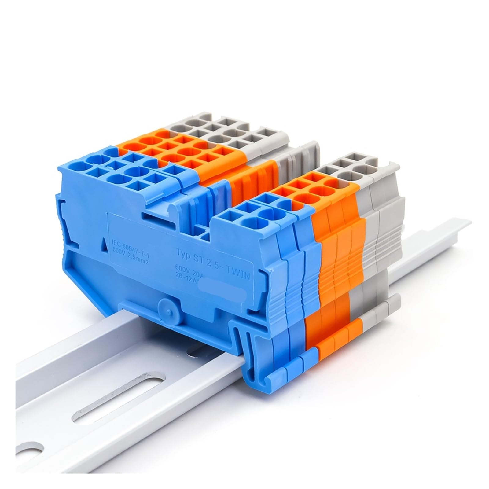 Morsettiera a molla ST2.5-TWIN da 10 pezzi, montaggio su guida DIN, 2,5 mm², 28 A, 1 ingresso, 2 uscite, connettore elettrico(ST-2.5-TWIN-BLUE)