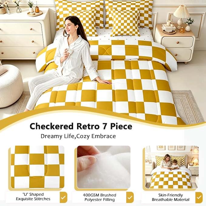 Image of Feelyou Checkered 7 Piece Bedding Set Teen Yellow White Plaid Decoration Comforter Set with Sheets Queen Size Kids Boys Cute Retro Neutral Grid Geometric Bed in a Bag Vintage Aesthetic Room Decor