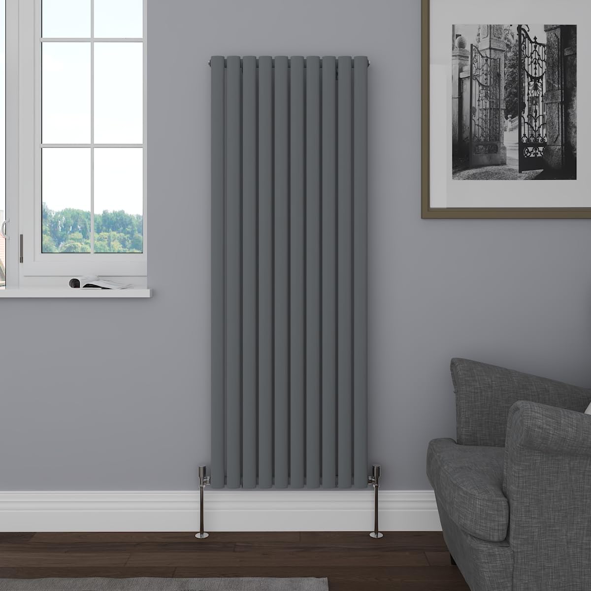 NRG Vertical 1600x590mm Oval Column Radiator Single Panel Anthracite