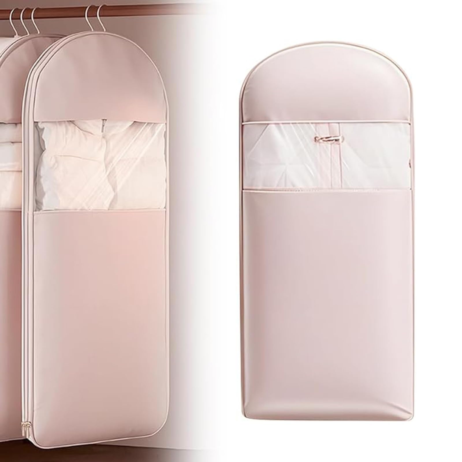 Hanging Garment Bag with Self Compression Zipper Space Saver Closet Organizers Dust Cover Clothes Bags for Down Coat Hanging Package for Storage and Organization Clothes Travel(Pink,Medium)