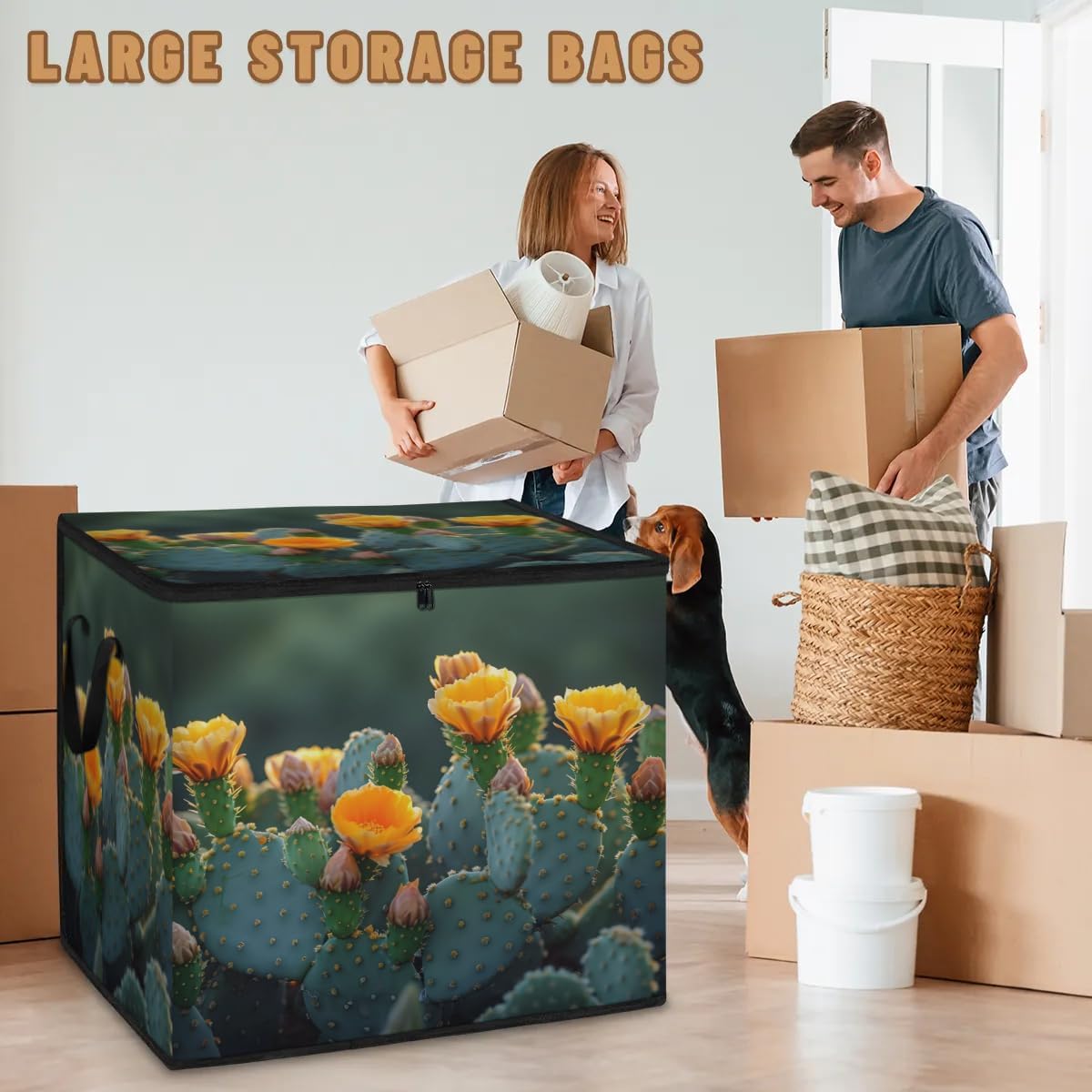 Honeybaby 214L Extra Large Comforter Storage Bag Cactus Flower Storage Totes with Lids Waterproof Closet Organizer Folding Blanket Storage Bags for Clothes Bedding Pillows