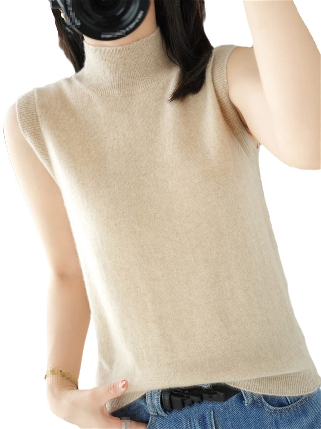 SaoBiiu Confortevole Sexy Mezzo Alto Collo Gilet Delle Donne Tinta Unita Pullover Senza Maniche Manica Corta T-Shirt, Beige, XL