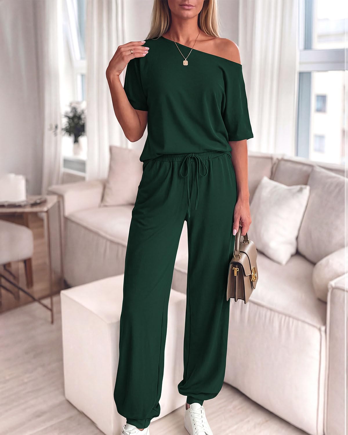 Zenlonr Abiti estivi da donna 2 pezzi 2025 top a maniche corte con spalle scoperte pantaloni lunghi con coulisse in vita elastica tuta