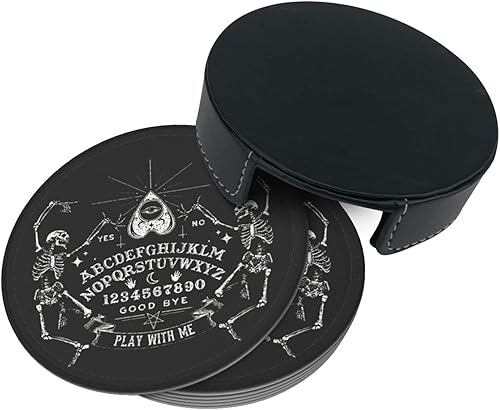 Miniatura 2 de SEPTYK Juego de 6 posavasos con patrón de Ouija mágico de esqueleto vintage para bebidas con soporte, juego de 6 de cuero redondo de 4 pulgadas para