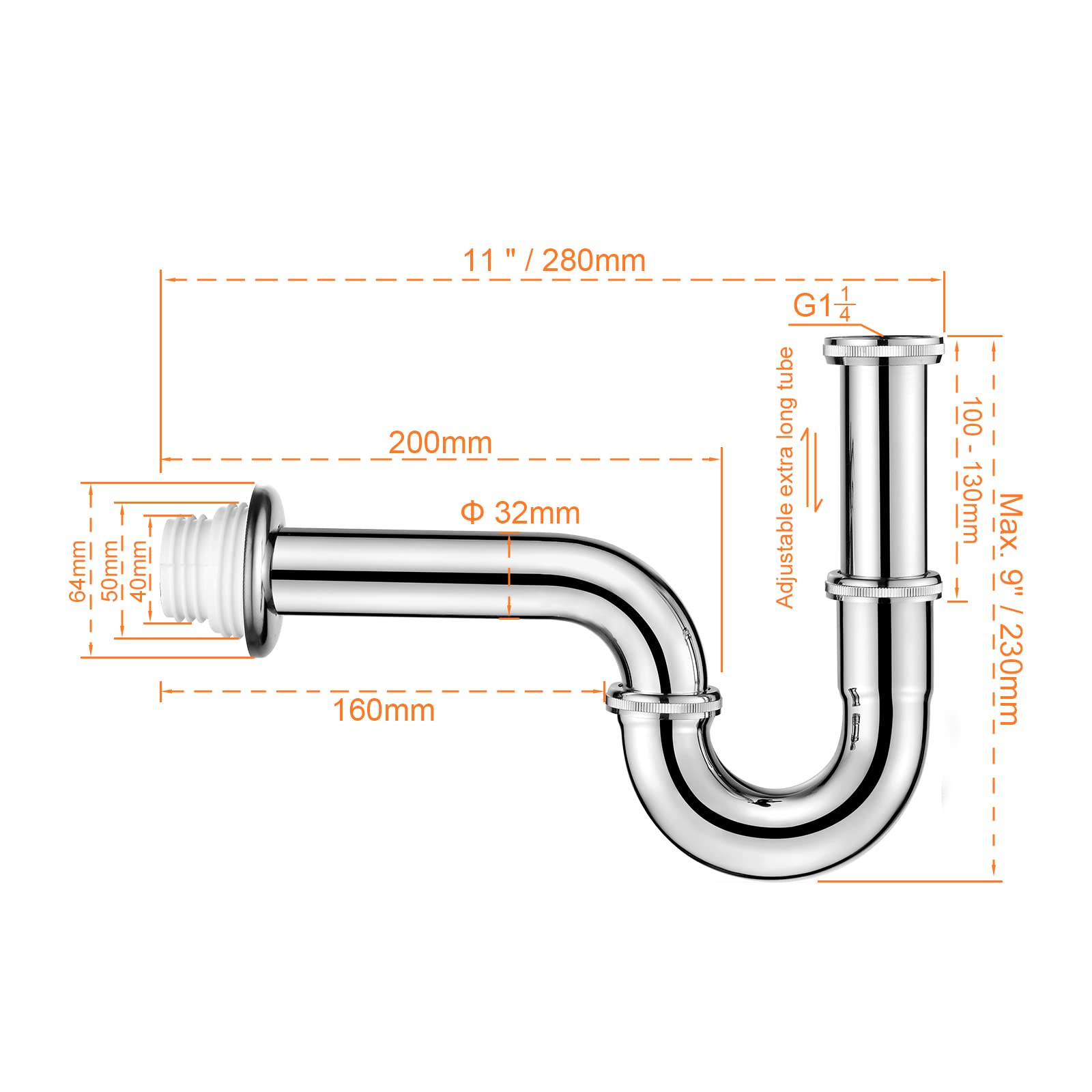 Ibergrif M20506 Universal Siphon do drenażu, rurki sodowej, syfonu w stali nierdzewnej P ze stawami uszczelniającymi, chromowane | Uniwersalny syfon rurowy i mosiężny syfon odpływowy z rurą ścienną do umywalki