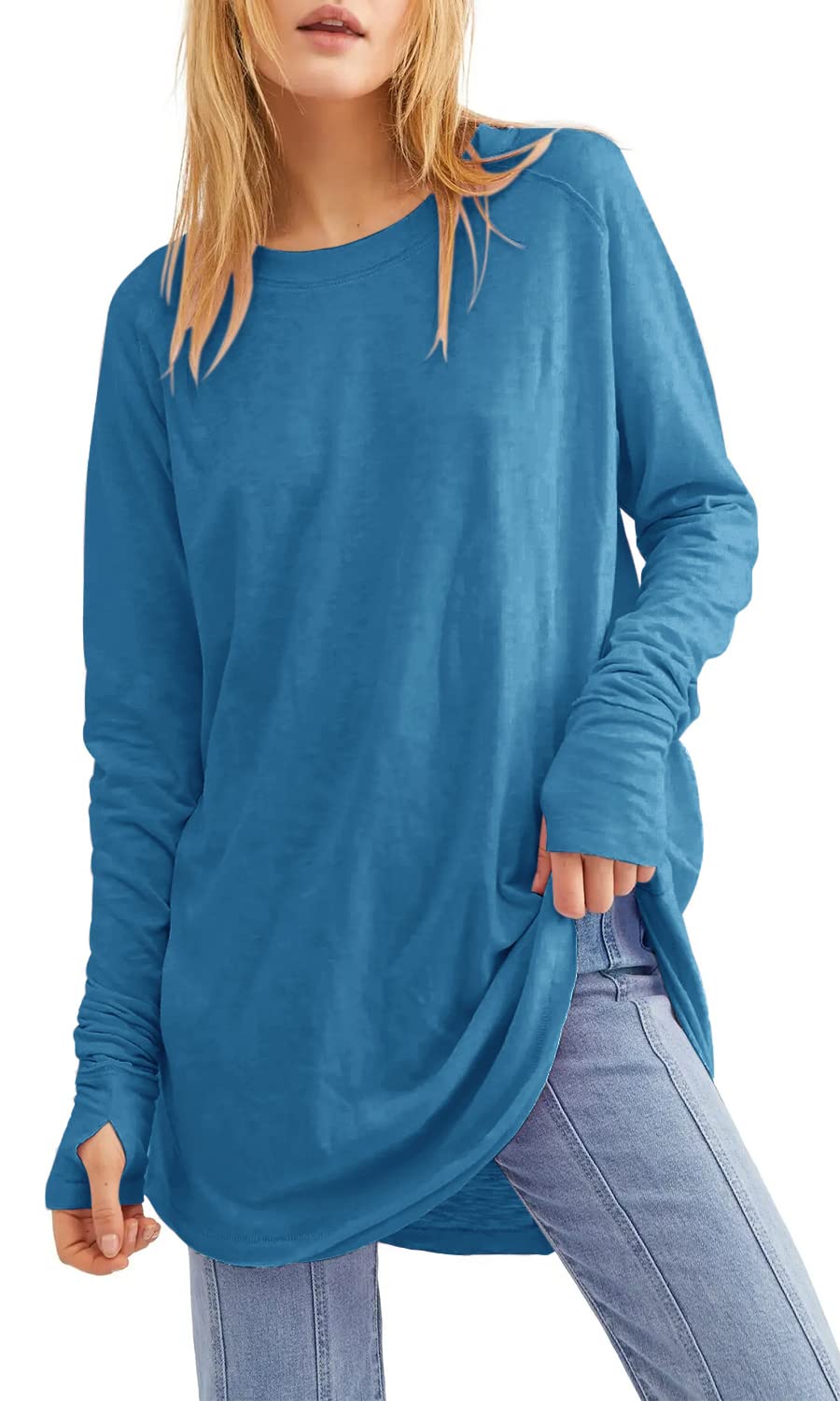EbifinWomens Long Sleeve Tops Lightweight Cotton T Shirts Sweatshirt Loose Tunic Top with Thumb Holes.