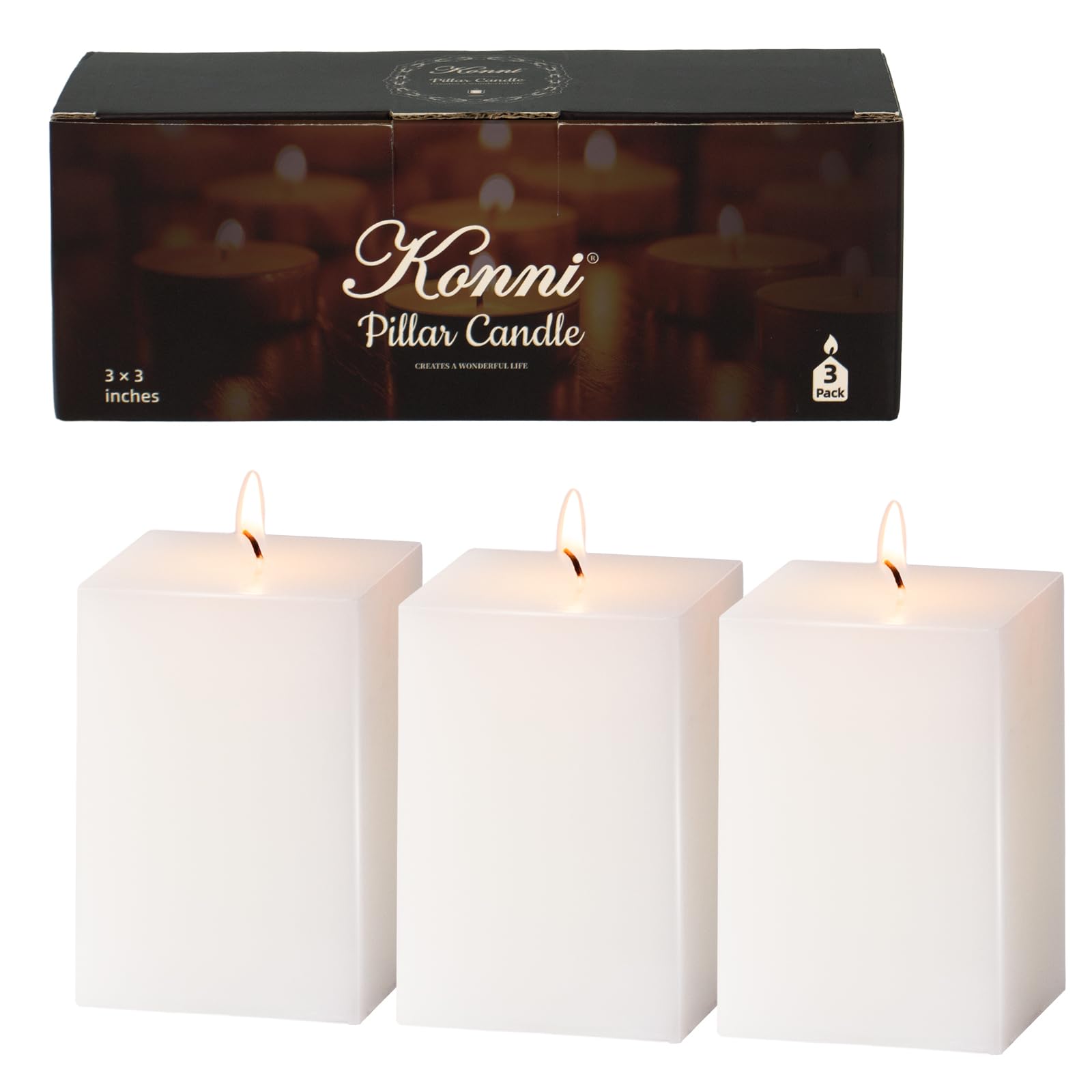 KONNI Square White Pillar Candles Set of 3, 2.8