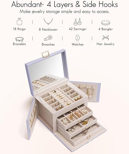 Miniatura 3 de Vlando Joyero de 4 niveles, cajas de joyería y organizadores con asa, 3 cajones de viaje con espejo, almacenamiento de joyas, aretes, collares,