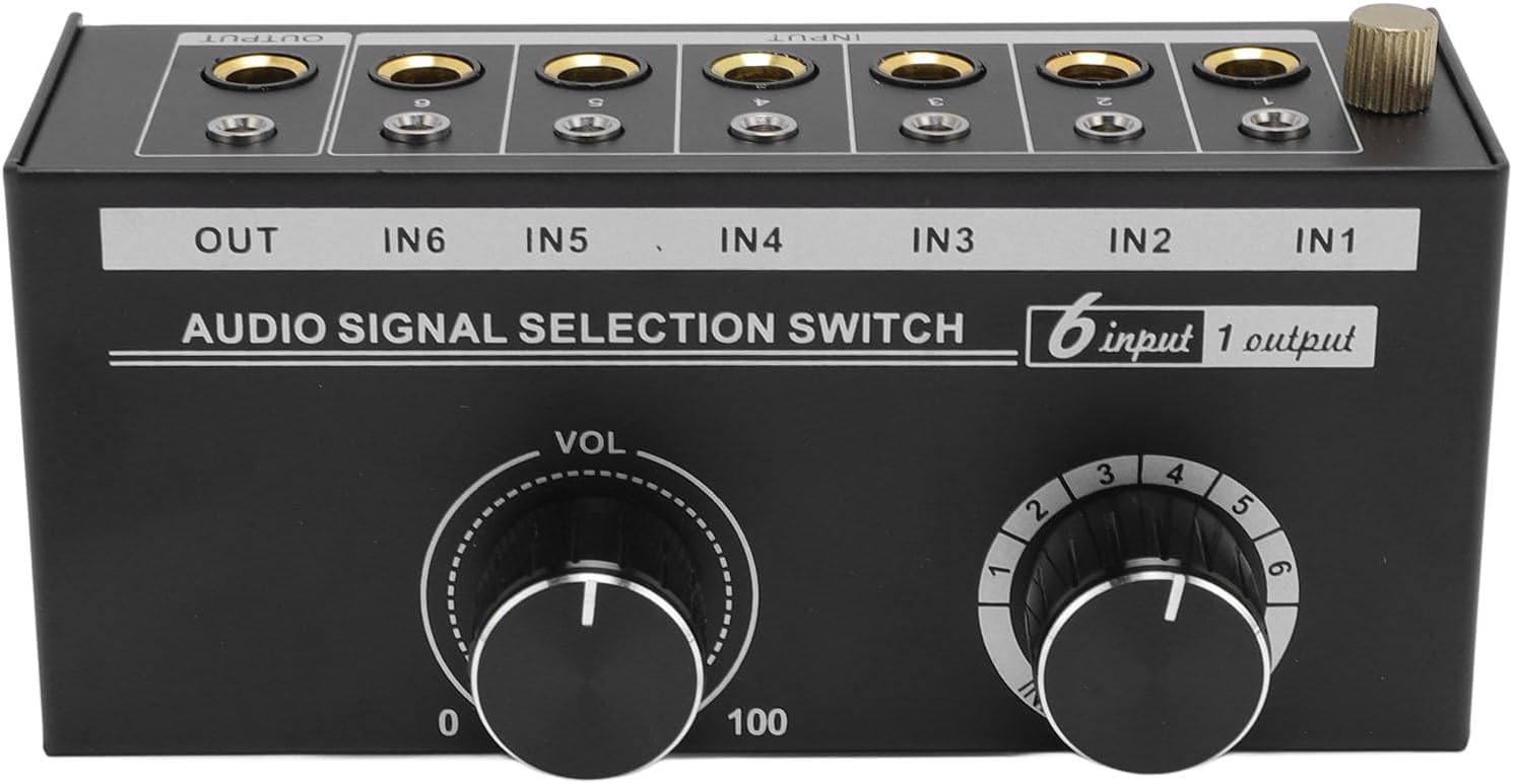6 Way Sound Switcher, 6 Input 1 Output Sound Switcher Volume Control 3.5mm 6.35mm Sound Signal Selector