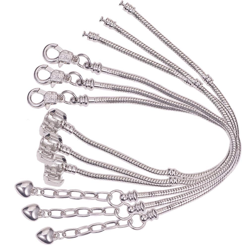 SUNNYCLUE 6pcs 2 Styles 18cm European Snake Chain Charm Bracelet Silver with Classic Bead Barrel Heart Clasp for Jewellery Making Accessories