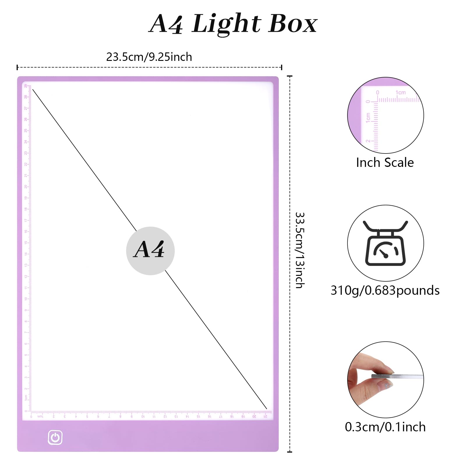 Damcyer Mesa de Luz Dibujo A4,Tableta de Luz Dibujo A4 LED,Light Pad de Ultrafino con Brillo Ajustable,Tablero de Luz con Cable USB,Mesa de Dibujo para X-Ray,Artistas,Pintura de Diamantes,Púrpura