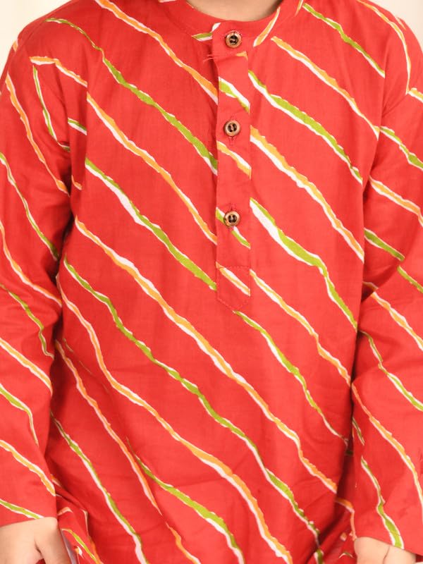 Image of superminis Cotton Boys Sanganeri Lehariya Printed Kurta Set with White Pyjama Elastic Closure