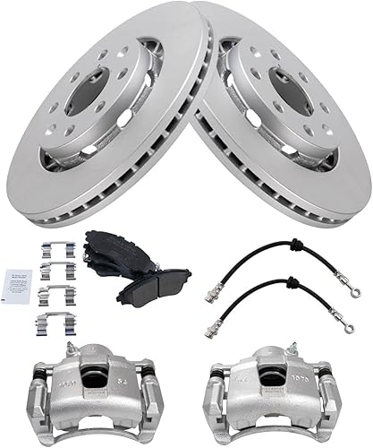 Front Brake Pad and Rotor Set Semi Metallic G Coated Rotors Calipers Hoses Compatible with 2004-2011 Chevrolet Aveo 2007-2011 Aveo5 2009 Pontiac G3