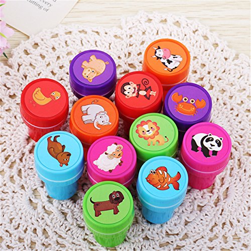 LALANG 12pcs Tampons à Encre Auto-encrage Les Enseignants Cadeaux Timbres Jouets Stickers Enfants Animal Tampon Encreur