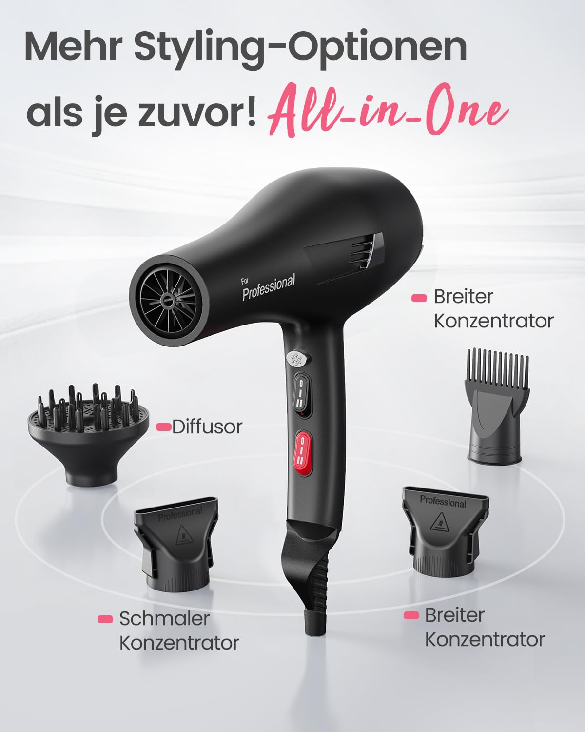 Dekuri Föhn Ionen Profi | Fön Haartrockner Hair Dryer Haarföhn mit 1 Diffusor 2 Stylingdüse, 3 Heiz und 2 Geschwindigkeitsstufen (Anthrazit)