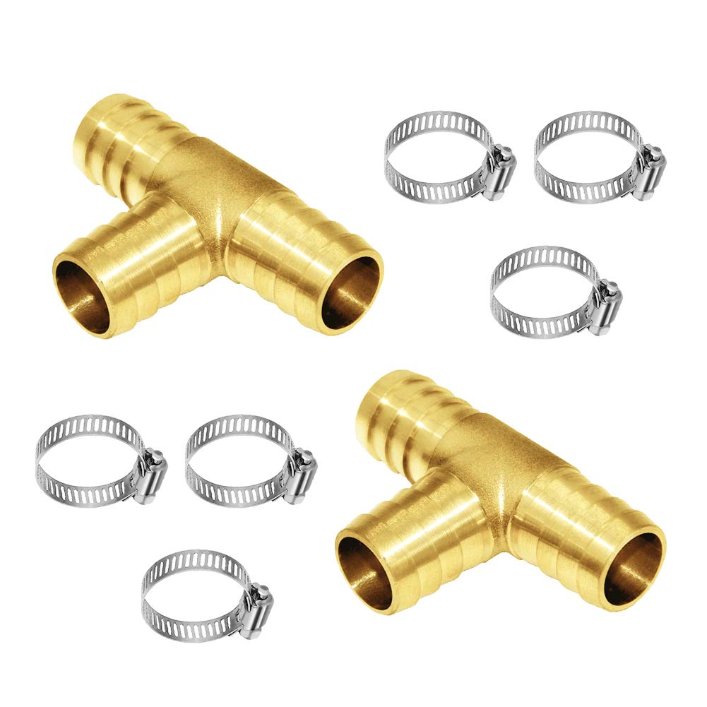 Joywayus 2Pcs 3/4" Hose Barb, Tee T 3 way Union Fitting Intersection/Split Brass Water/Fuel/Air