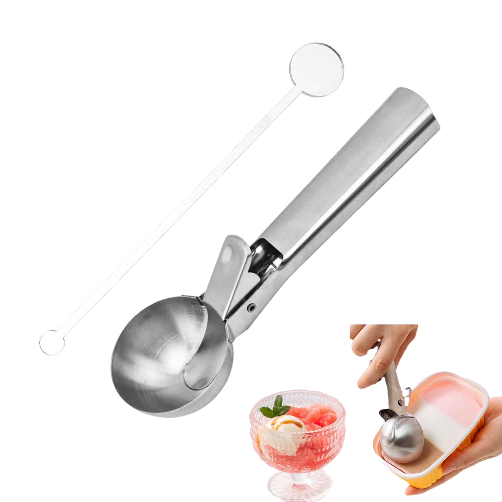 Porzionatore per Gelato 4.8cm,Cucchiaio Porzionatore Paletta,Cucchiaio per Gelato in Acciaio Inox,Con 18cm Bastoncini per Cocktail,Per Palla Gelato,Polpette Di Carne,Palla Melone,Cottura