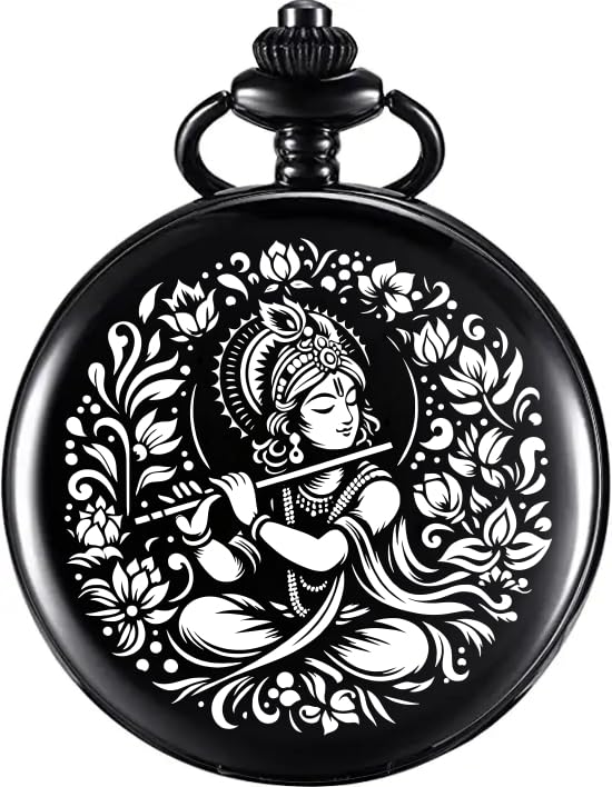 Image of Vintage Gandhi Style Pocket Watch with Engraved Designs & Messages Royal Black Analog for Men Women & Kids Includes Key Ring for car or Bike Keys Ideal Gift