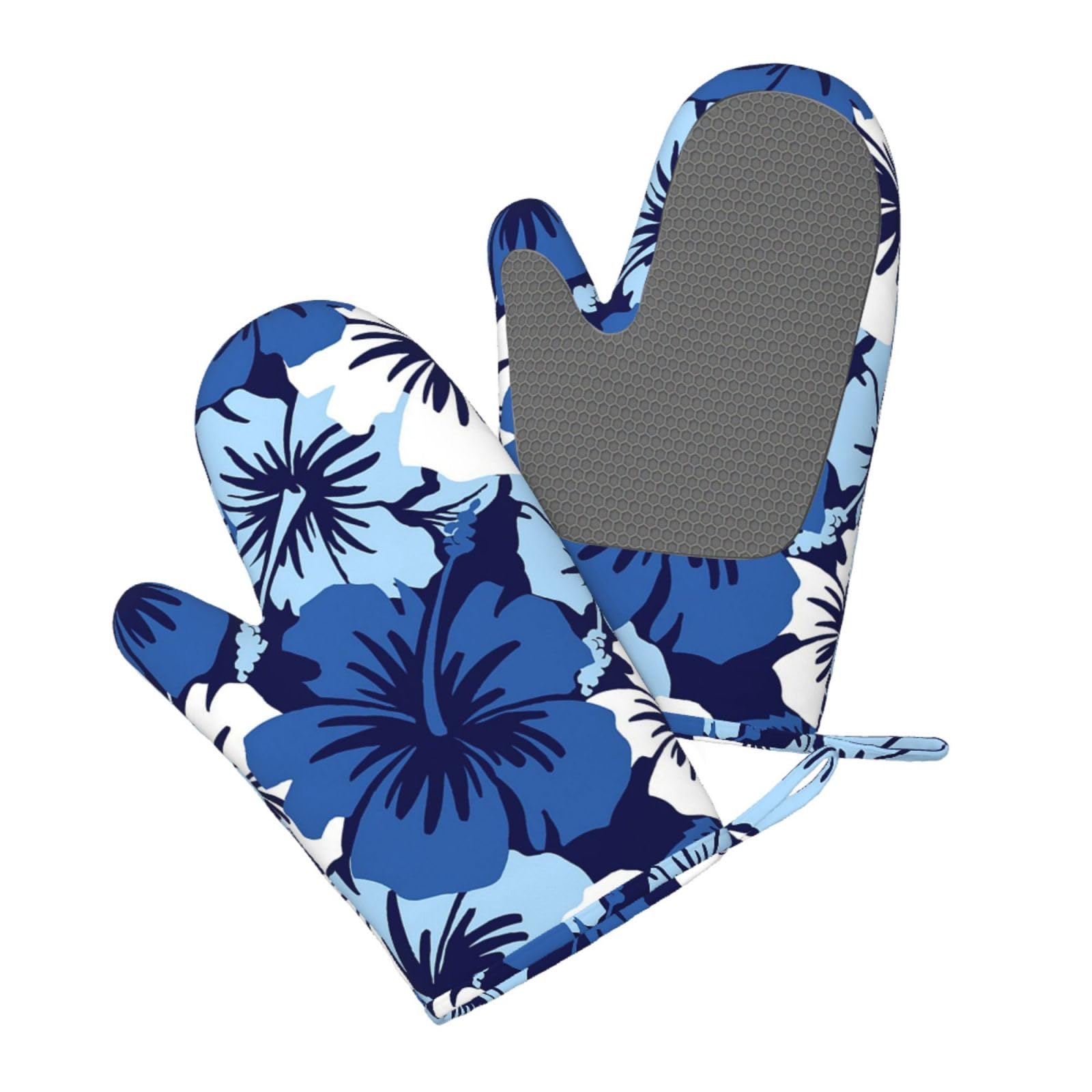 Silicone Oven Mitts Set 2PCS, Blue hibiscus Printed Heat Resistant Non-Slip Silicone Oven Gloves for Kitchen Cooking Baking Microwave