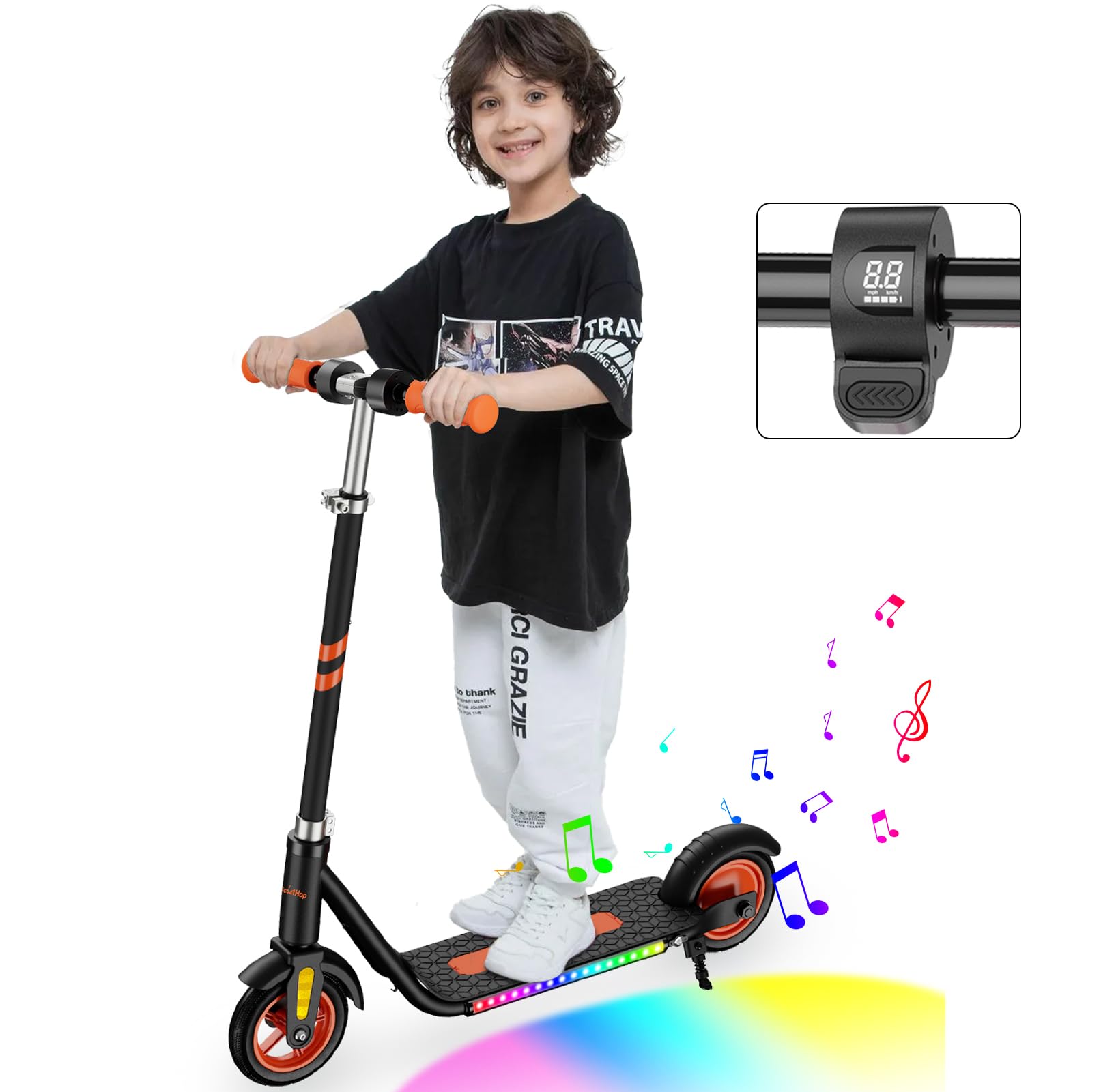 Scoothop Electric Scooter for Kids Ages 6+ - 150w Hub Motor, Up to 10 mph and 60 min Ride Time,Colorful Lights,Bluetooth Music Speaker, LED Display,4 Height Adjustable,Best Gifts for Kids and Teens