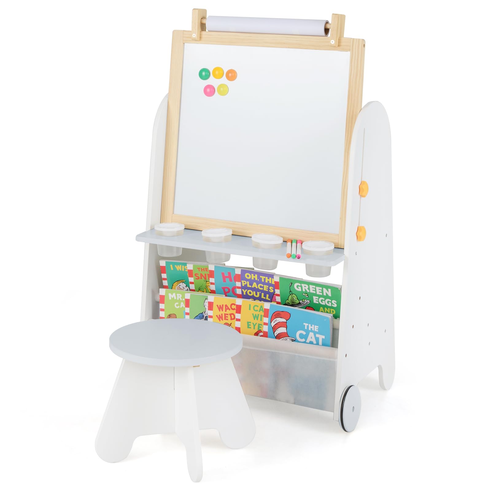 RELAX4LIFE Lavagna 4-in-1 con Sgabello, Lavagna Altezza Regolabile con Ruote, a Gesso, Bianca Magnetico, Ampia Piani di Lavoro & Rotolo di Carta, Regalo per Bambini da 3 Anni in Su