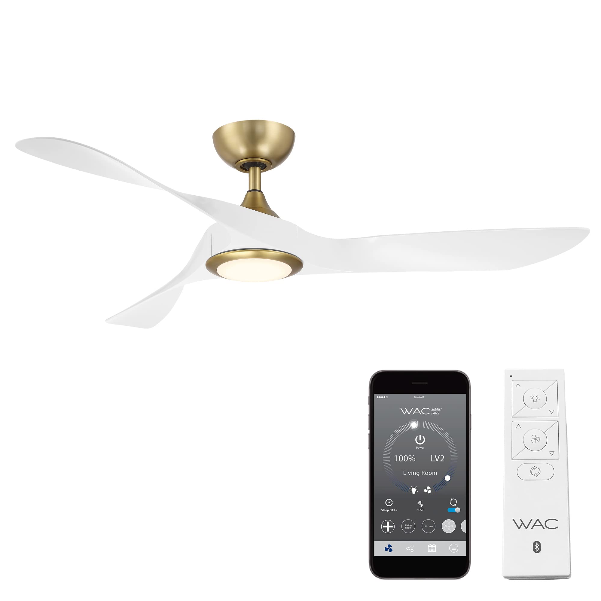 Swirl Indoor and Outdoor 3-Blade Smart Home Ceiling Fan 54in Soft Brass Matte White with 3000K LED Light Kit and Remote Control works with Alexa and iOS or Android App