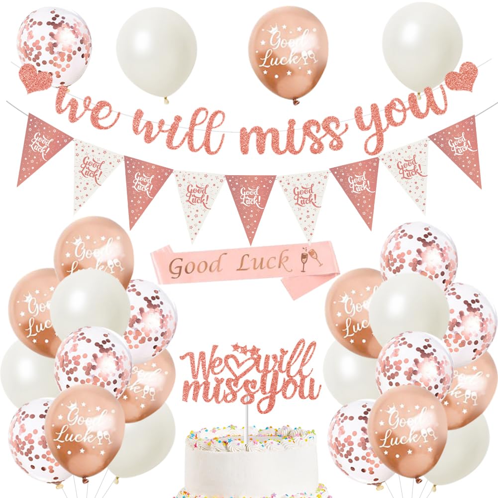 We Will Miss You Banner Leaving Party Decorations with Good Luck Balloons Triangle Flag Banner Good Luck Sash Cake Topper for Retirement Graduation Going Away Farewell Decorations (Rose Gold)