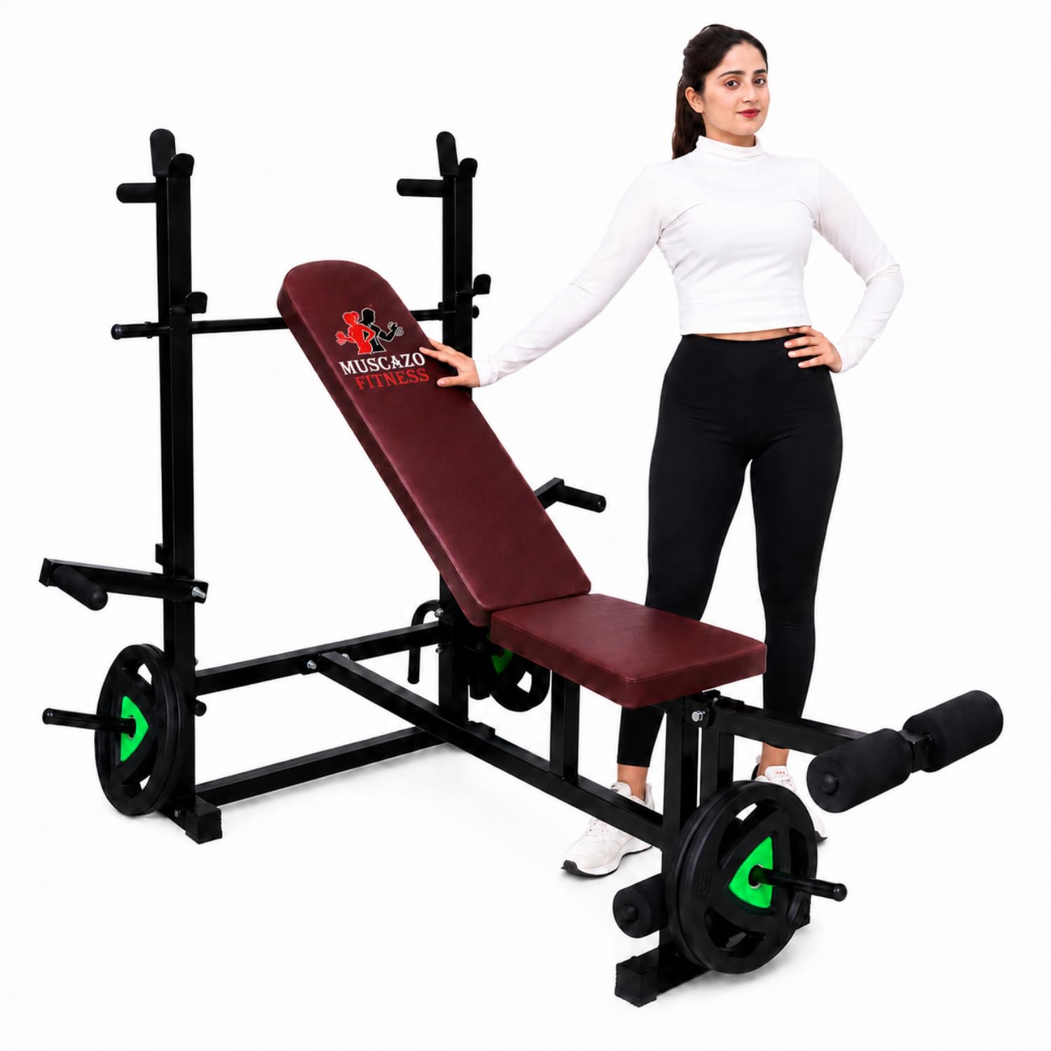 muscazo fitness: 8 in 1 adjustable bench, heavy duty multipurpose home gym bench for strength training & multiple workouts, decline, flat, incline positions, max weight 250kg (black)