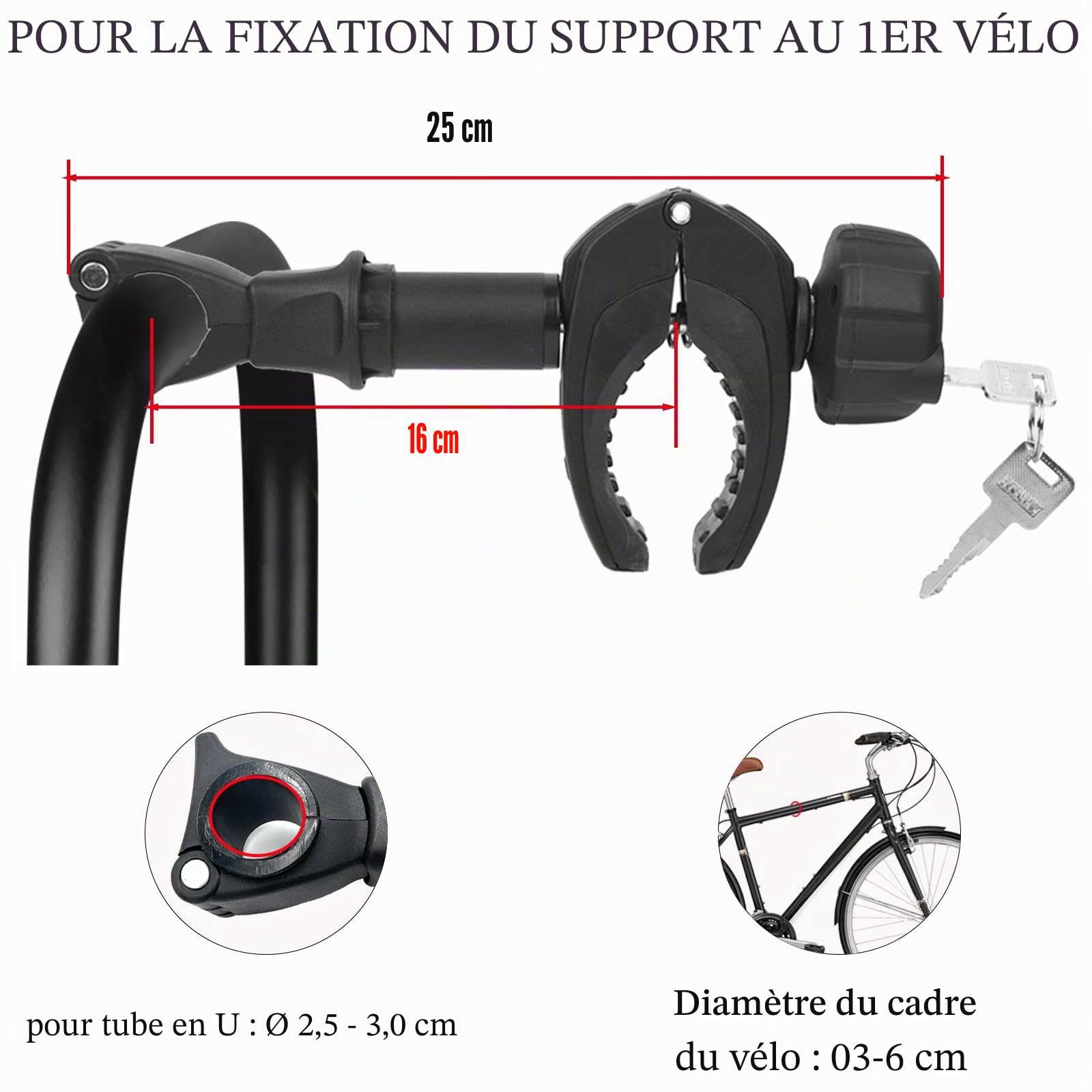 Support de Cadre pour Porte-vélos Longueur 25 cm, Support de Cadre de vélo Court Universel, verrouillable, pour Tube de Support en U : Ø 2,5-3 cm, pour diamètre de Cadre du vélo : Ø 3-6 cm
