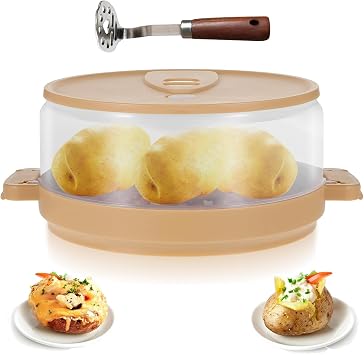 Microwave Potato Cooker, Microwave Baked Potato Cooker with Lid As Seen On Tv, Makes Tender Fluffy Potatoes in Minutes, Dishwasher Safe Kitchen Gadget for Sweet Potatoes & Vegetables, with Masher
