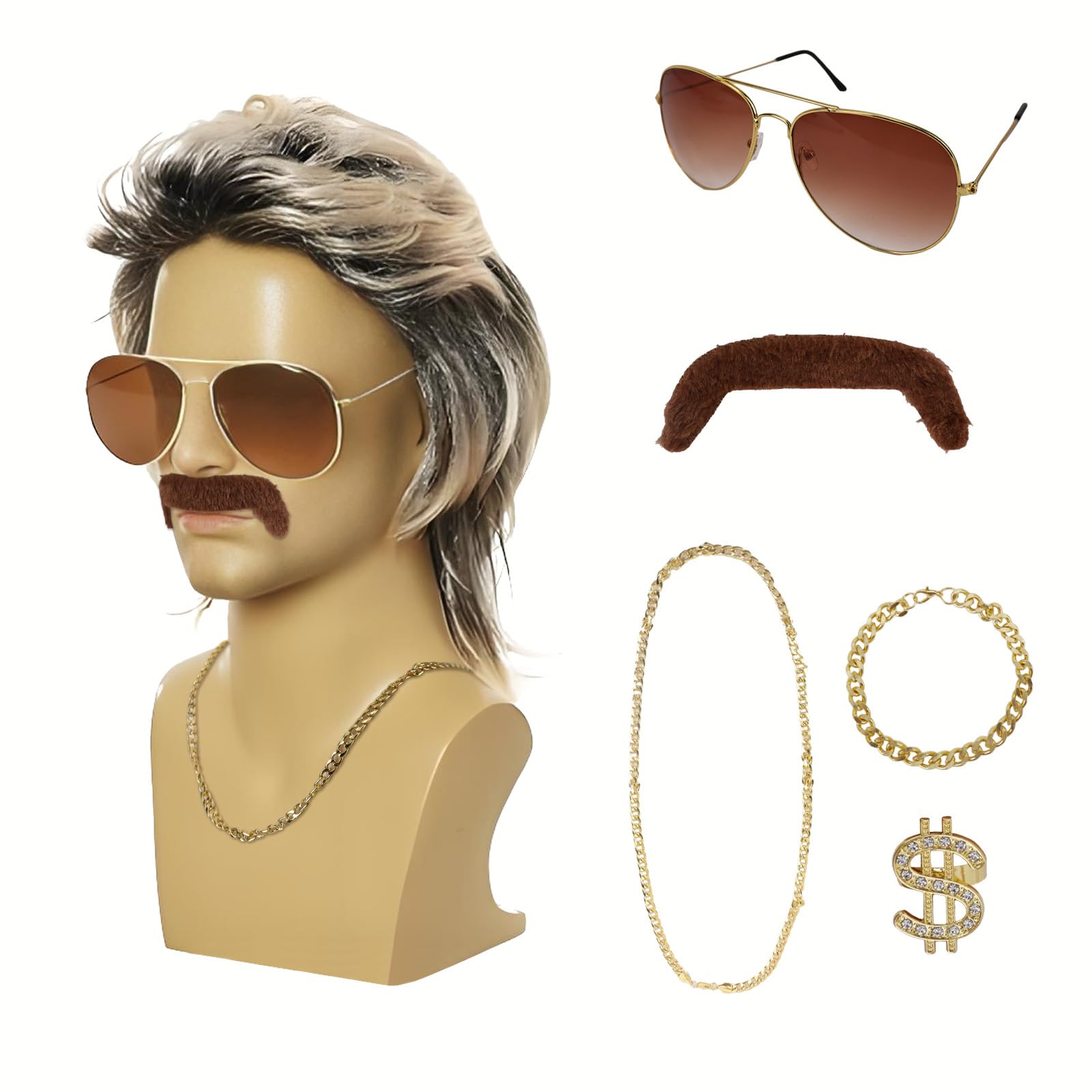 GADITIEK 80er Jahre Outfit Herren 6er Set, Vokuhila Perücke Herren, 80er Jahre Accessoires Männer, 70er 80er 90er Zuhälter Kostüm Disco Party Kleidung