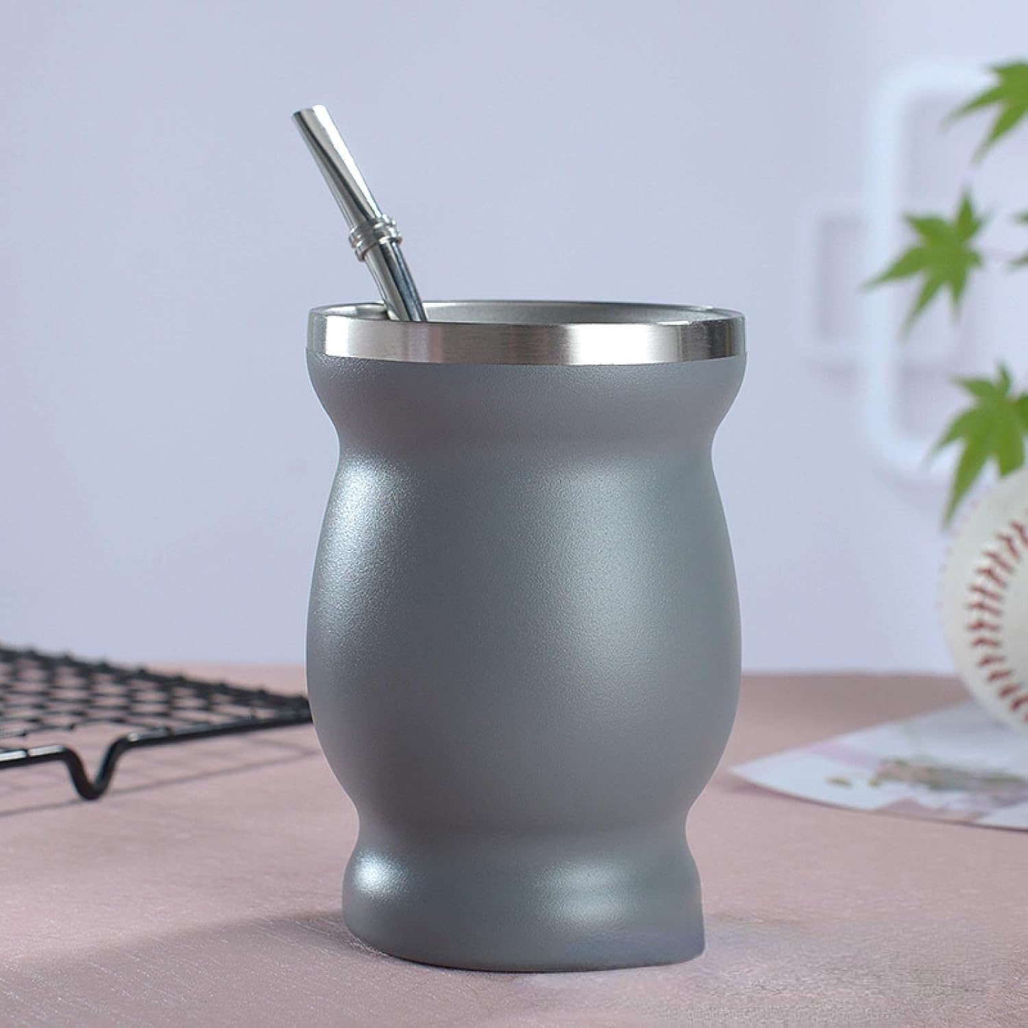 Stainless steel yerba mate potbelly cup with straw spoon grey