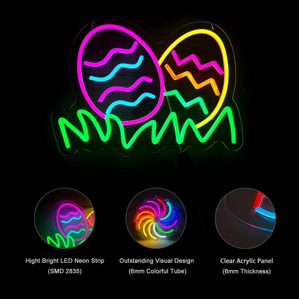 Happy Easter Neon Sign, Bunny & Egg Wall Decor for Home, Store, Party, Garden Celebrations, Clear Acrylic Back Panel, High Bright USB Dimmable LED Light, Energy-saving, Easy Installation (16"x11.4")