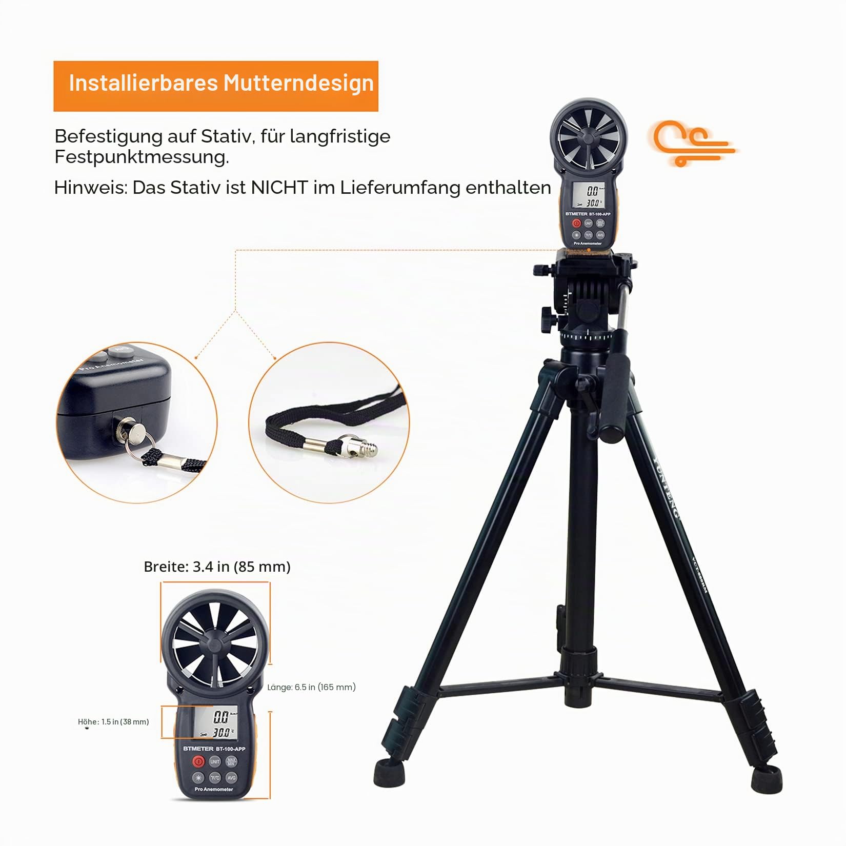 BTMETER Anemometer Bluetooth Wireless Handheld, BT-100APP Digital Windmesser CFM Messgerät, LCD Wind Speed Meter Gauge, Windgeschwindigkeit Temperatur Wind Chill Tester