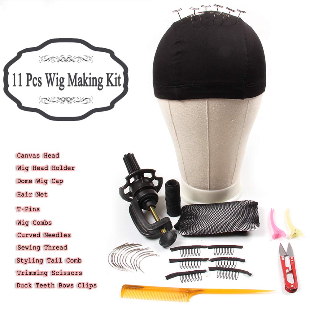 11 PCS Wig Making Kit Canvas Block Head With Stand Mannequin Head Diy Dome Wig Cap Combs Needles T Pins Thread Clamp22 Inch Head tools