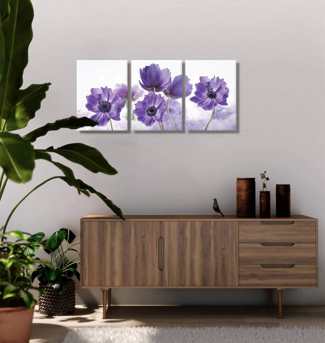 KAKEMONO 3 Piece Canvas Wall Art Set: Purple Flower Bloom Close Up Prints on Wooden Wrapped Canvas, Modern Minimalist Artwork for Bedroom, Kitchen, Living Room, Office