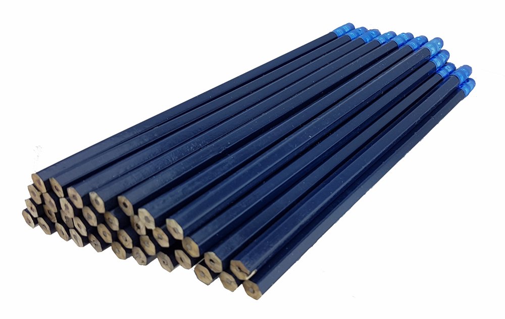 ezencils - Lápices hexagonales de barril azul real con goma de borrar azul y virola azul, paquete de 36 unidades, borrador que no mancha, mina HB # 2, sin afilar, sin marca